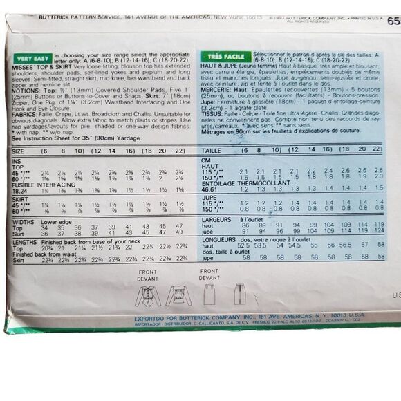 Vintage 80s Butterick Pattern 6559 Uncut Blouson Top Yokes Skirt Sz 18 20 22 - Picture 2 of 2